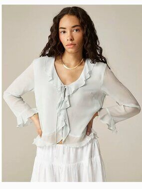 J. Crew Feminine Ruffle Tie-Front Top in Chiffon Stormy Seafoam